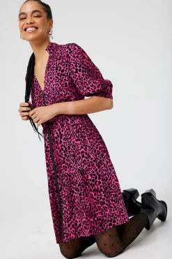 Women Scamp & Dude Pink with Black Wild Leopard Zip Detail Tiered Short Dress