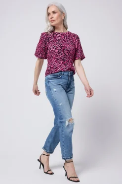 Women Scamp & Dude Pink with Black Wild Leopard Puff Sleeve T-Shirt