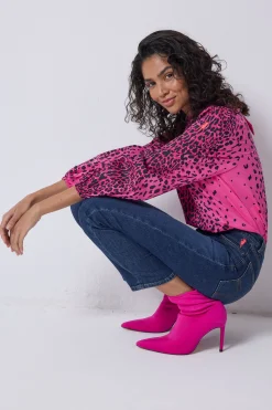Women Scamp & Dude Pink with Black Wild Leopard Blouson Sleeve Top