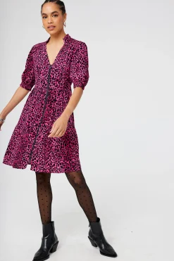 Women Scamp & Dude Pink with Black Wild Leopard Zip Detail Tiered Short Dress