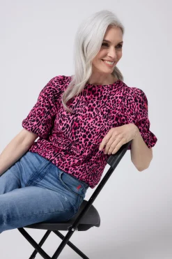 Women Scamp & Dude Pink with Black Wild Leopard Puff Sleeve T-Shirt