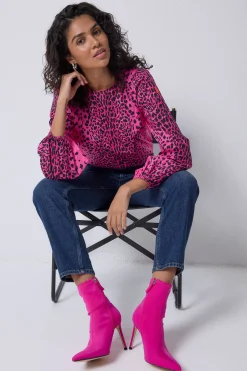 Women Scamp & Dude Pink with Black Wild Leopard Blouson Sleeve Top