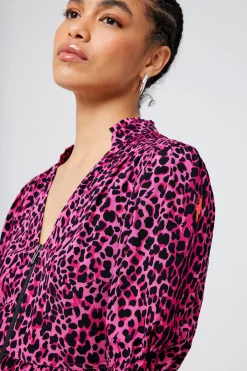 Women Scamp & Dude Pink with Black Wild Leopard Zip Detail Tiered Short Dress