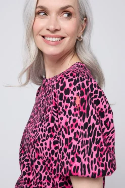 Women Scamp & Dude Pink with Black Wild Leopard Puff Sleeve T-Shirt