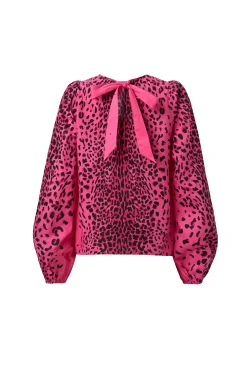 Women Scamp & Dude Pink with Black Wild Leopard Blouson Sleeve Top