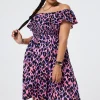 Women Scamp & Dude Pink with Blue & Black Lurex Shadow Leopard Short Bardot Dress