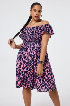 Women Scamp & Dude Pink with Blue & Black Lurex Shadow Leopard Short Bardot Dress