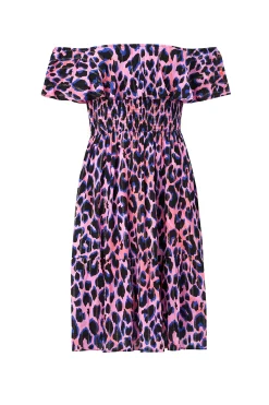 Women Scamp & Dude Pink with Blue & Black Lurex Shadow Leopard Short Bardot Dress