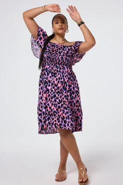 Women Scamp & Dude Pink with Blue & Black Lurex Shadow Leopard Short Bardot Dress