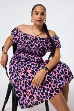 Women Scamp & Dude Pink with Blue & Black Lurex Shadow Leopard Short Bardot Dress