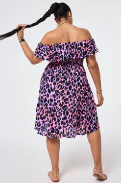 Women Scamp & Dude Pink with Blue & Black Lurex Shadow Leopard Short Bardot Dress