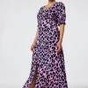 Women Scamp & Dude Pink with Blue and Black Shadow Leopard Flute Sleeve Midi Tea Dress