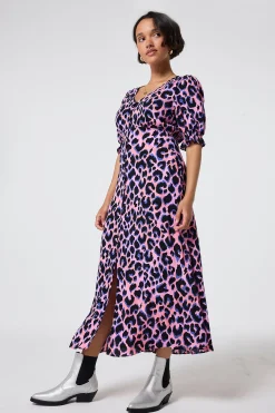 Women Scamp & Dude Pink with Blue and Black Shadow Leopard Flute Sleeve Midi Tea Dress
