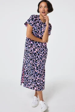 Women Scamp & Dude Pink with Blue and Black Shadow Leopard Midi T-Shirt Dress