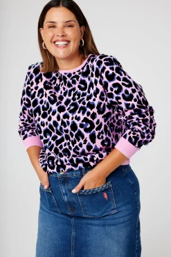Women Scamp & Dude Pink with Blue and Black Shadow Leopard Classic Sweatshirt