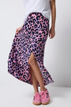 Women Scamp & Dude Pink with Blue and Black Shadow Leopard Split Front Skirt