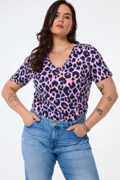 Women Scamp & Dude Pink with Blue and Black Shadow Leopard V-Neck T-Shirt