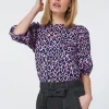 Women Scamp & Dude Pink with Blue and Black Shadow Leopard Puff Sleeve T-Shirt