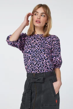 Women Scamp & Dude Pink with Blue and Black Shadow Leopard Puff Sleeve T-Shirt