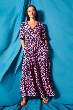 Women Scamp & Dude Pink with Blue and Black Shadow Leopard Tie Front Maxi Dress