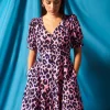 Women Scamp & Dude Pink with Blue and Black Shadow Leopard Short Tea Dress