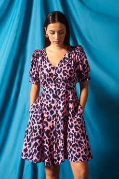 Women Scamp & Dude Pink with Blue and Black Shadow Leopard Short Tea Dress