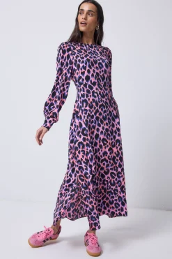 Women Scamp & Dude Pink with Blue and Black Shadow Leopard Blouson Sleeve Midi Dress