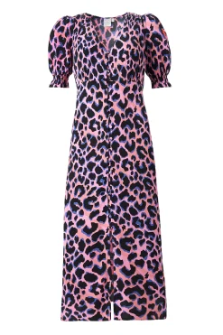 Women Scamp & Dude Pink with Blue and Black Shadow Leopard Flute Sleeve Midi Tea Dress