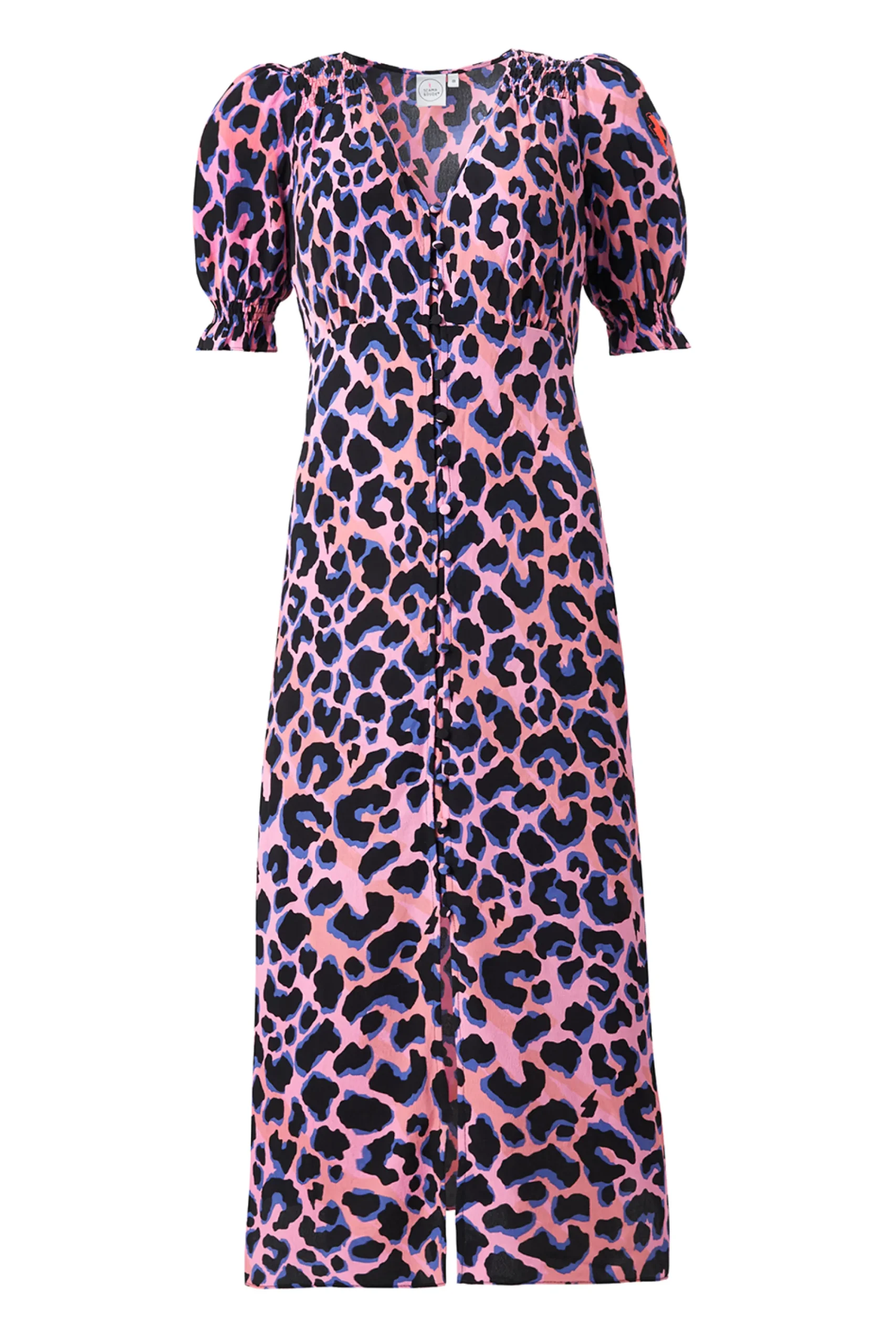 Women Scamp & Dude Pink with Blue and Black Shadow Leopard Flute Sleeve Midi Tea Dress