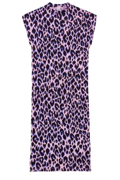 Women Scamp & Dude Pink with Blue and Black Shadow Leopard Midi T-Shirt Dress