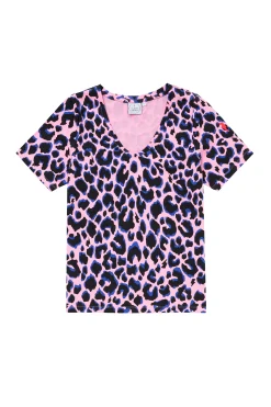 Women Scamp & Dude Pink with Blue and Black Shadow Leopard V-Neck T-Shirt