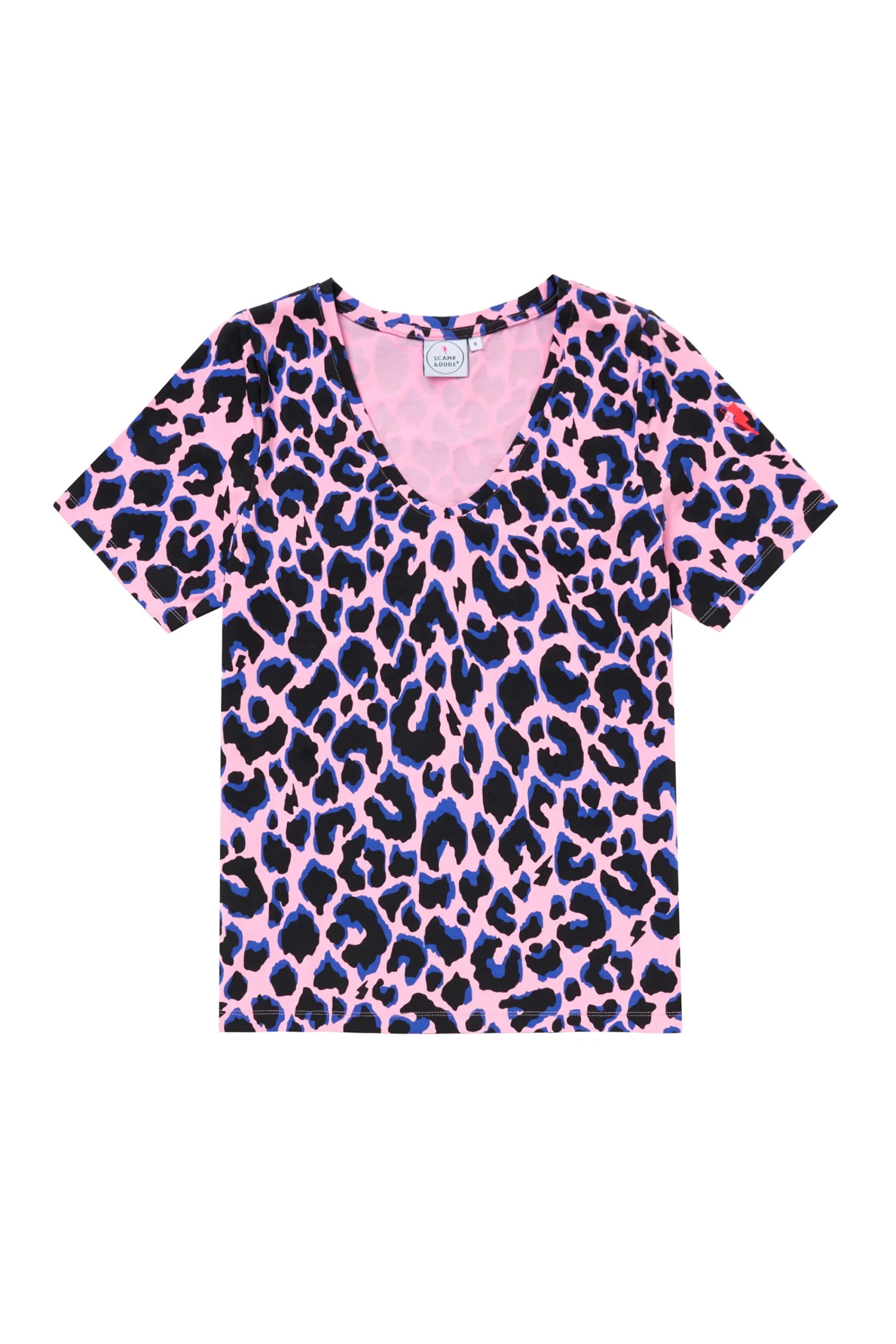 Women Scamp & Dude Pink with Blue and Black Shadow Leopard V-Neck T-Shirt