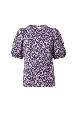 Women Scamp & Dude Pink with Blue and Black Shadow Leopard Puff Sleeve T-Shirt
