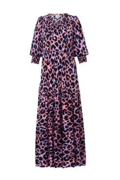 Women Scamp & Dude Pink with Blue and Black Shadow Leopard Tie Front Maxi Dress