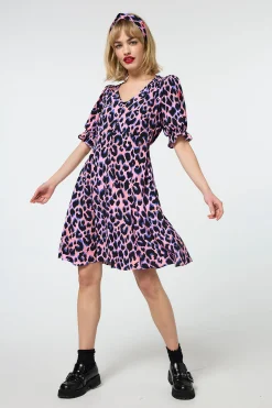 Women Scamp & Dude Pink with Blue and Black Shadow Leopard Short Tea Dress