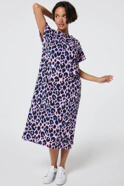 Women Scamp & Dude Pink with Blue and Black Shadow Leopard Midi T-Shirt Dress