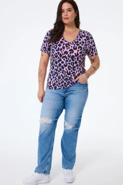 Women Scamp & Dude Pink with Blue and Black Shadow Leopard V-Neck T-Shirt
