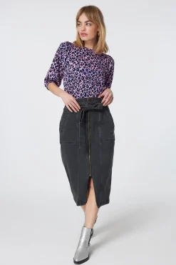 Women Scamp & Dude Pink with Blue and Black Shadow Leopard Puff Sleeve T-Shirt