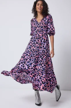 Women Scamp & Dude Pink with Blue and Black Shadow Leopard Tie Front Maxi Dress