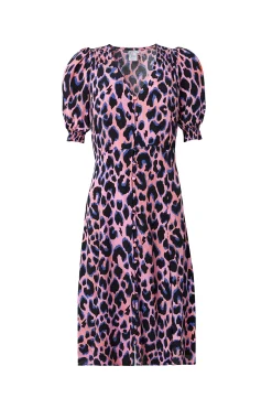 Women Scamp & Dude Pink with Blue and Black Shadow Leopard Short Tea Dress