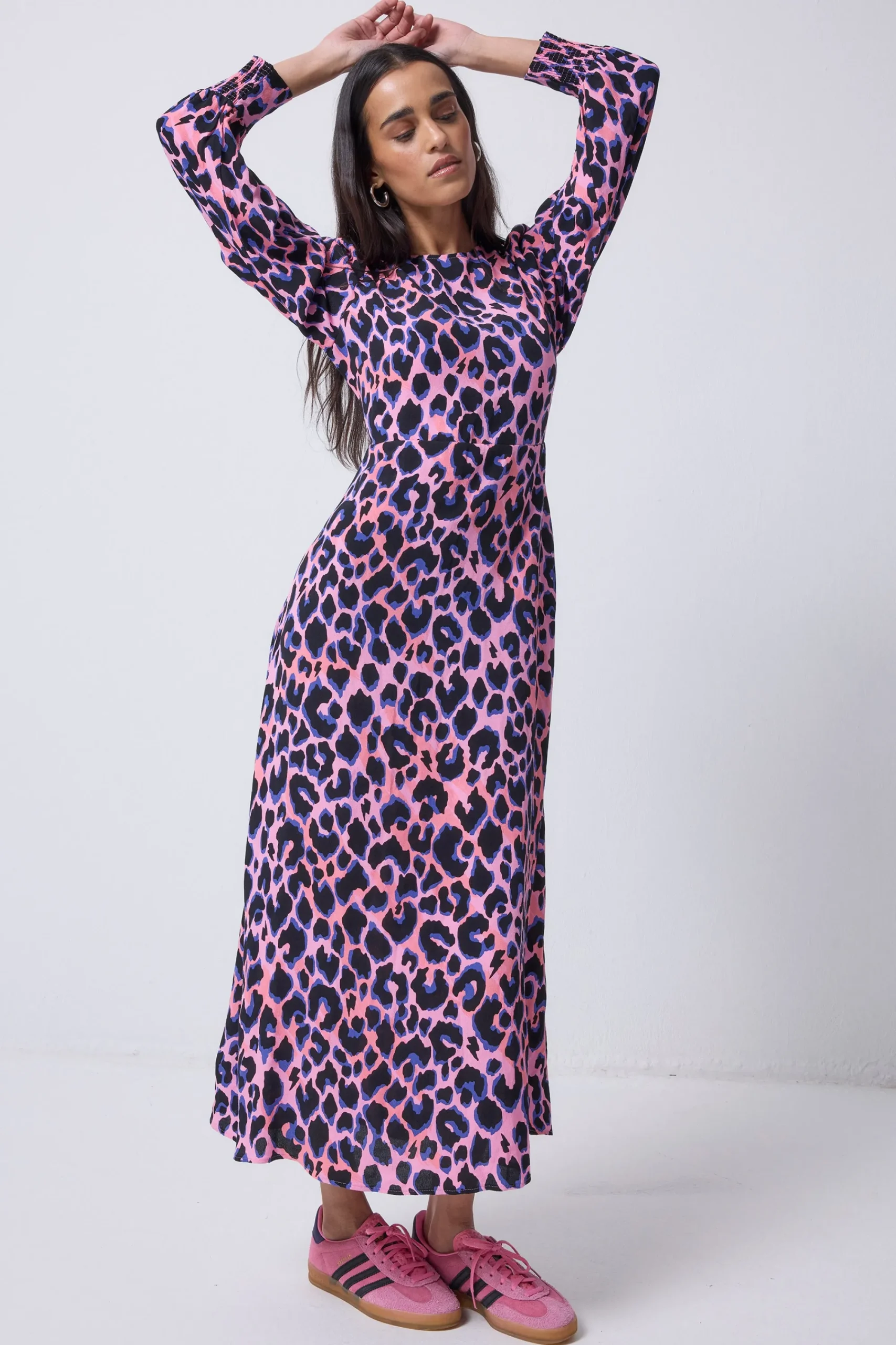 Women Scamp & Dude Pink with Blue and Black Shadow Leopard Blouson Sleeve Midi Dress