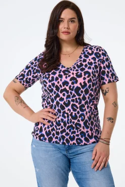 Women Scamp & Dude Pink with Blue and Black Shadow Leopard V-Neck T-Shirt