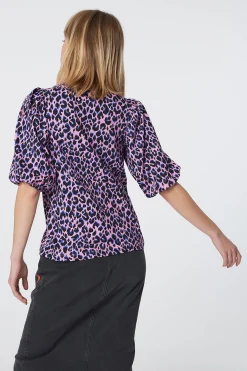 Women Scamp & Dude Pink with Blue and Black Shadow Leopard Puff Sleeve T-Shirt