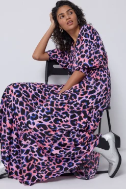 Women Scamp & Dude Pink with Blue and Black Shadow Leopard Tie Front Maxi Dress