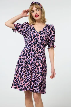 Women Scamp & Dude Pink with Blue and Black Shadow Leopard Short Tea Dress