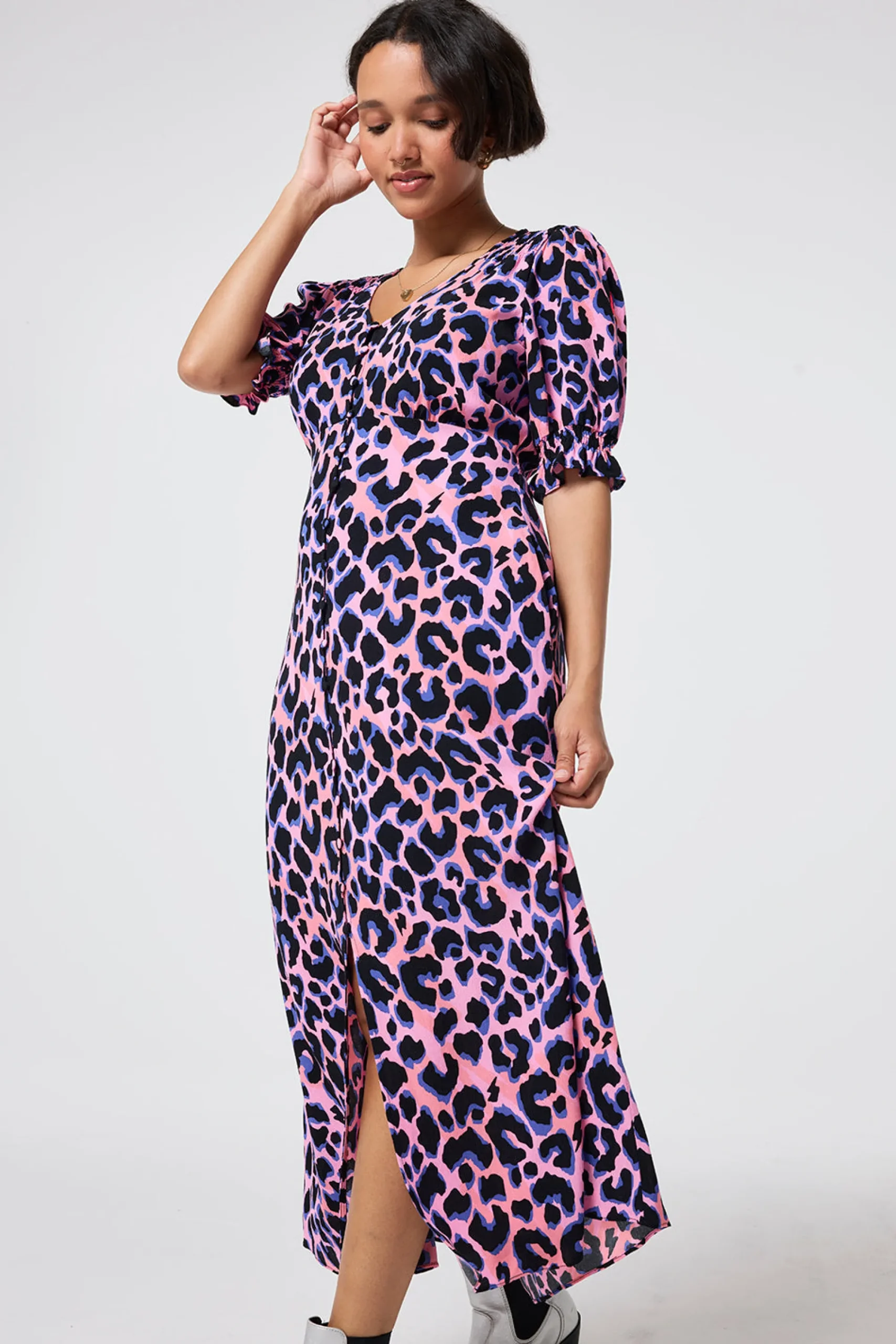 Women Scamp & Dude Pink with Blue and Black Shadow Leopard Flute Sleeve Midi Tea Dress