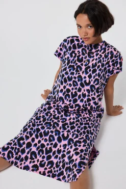 Women Scamp & Dude Pink with Blue and Black Shadow Leopard Midi T-Shirt Dress