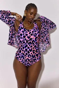 Women Scamp & Dude Pink with Blue and Black Shadow Leopard Scallop Edge Swimsuit