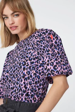 Women Scamp & Dude Pink with Blue and Black Shadow Leopard Puff Sleeve T-Shirt