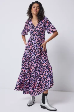 Women Scamp & Dude Pink with Blue and Black Shadow Leopard Tie Front Maxi Dress